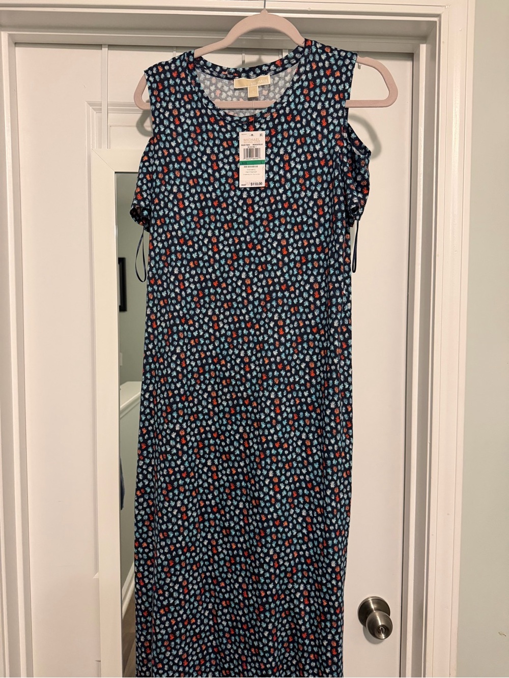 Michael Kors Navy Sleeveless Floral Maxi Dress with Red and Light Blue Accents